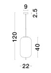 Lampa wisząca Pilar XL D22 w kolorze złotym, z oprawą na żarówkę E27. Owalny klosz o wymiarach 22 cm średnicy i 40 cm wysokości, zawieszony na cienkim przewodzie, z mocowaniem sufitowym o średnicy 9 cm. Całkowita długość wynosi 120 cm.