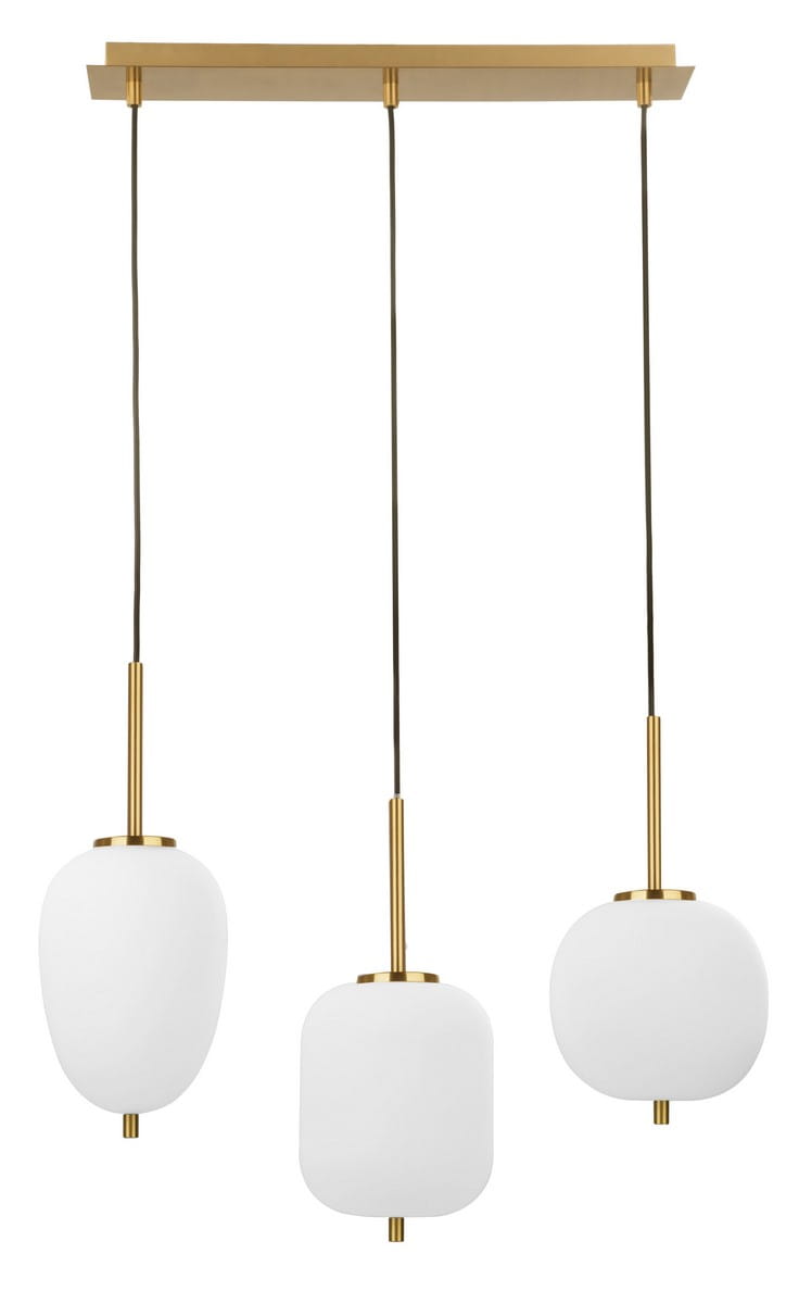 Lampa wisząca Pilar z trzema kloszami E14 w kształcie owalnym, wykonana z białego szkła, zawieszona na złotej metalowej podstawie. Klosze są różnej wielkości, zawieszone na ciemnych linkach. Idealna do nowoczesnych wnętrz.
