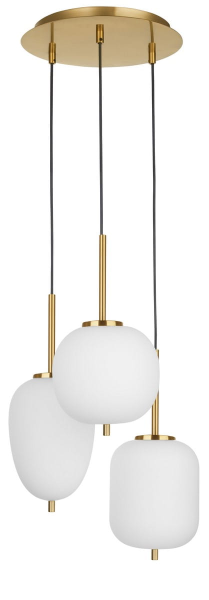 Lampa wisząca Pilar 3xE14 w kolorze złotym z trzema szklanymi kloszami w kształcie kulistym. Klosze są białe, zawieszone na cienkich, czarnych linkach. Całość montowana do okrągłej, złotej podstawy.