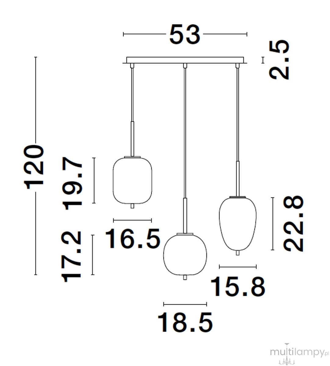 Lampa wisząca Marc w kolorze czarnym, z trzema kloszami, każdy o różnej wysokości (15,8 cm, 16,5 cm, 22,8 cm). Wymiary: długość 53 cm, wysokość 120 cm. Przeznaczona do żarówek E14. Prosta, nowoczesna forma idealna do wnętrz.