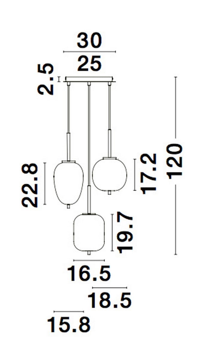 Lampa wisząca Pilar 3xE14 w kolorze złotym, o okrągłych kloszach. Ujęcie z boku, pokazujące trzy klosze na różnych wysokościach, zawieszone na cienkich linkach. Wymiary: 30 cm szerokości, 120 cm wysokości.