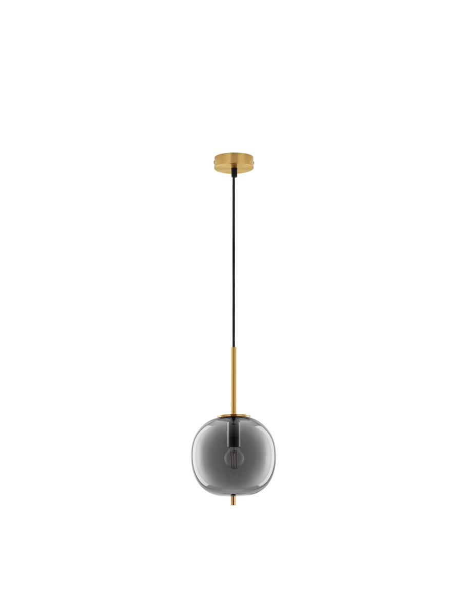 Lampa wisząca Pilar L D18,5 w kolorze złotym i czarnym, z kulistym kloszem ze szkła w odcieniu przezroczystym, zawieszona na cienkim czarnym przewodzie. Kształt okrągły, z oprawką na żarówkę E14.