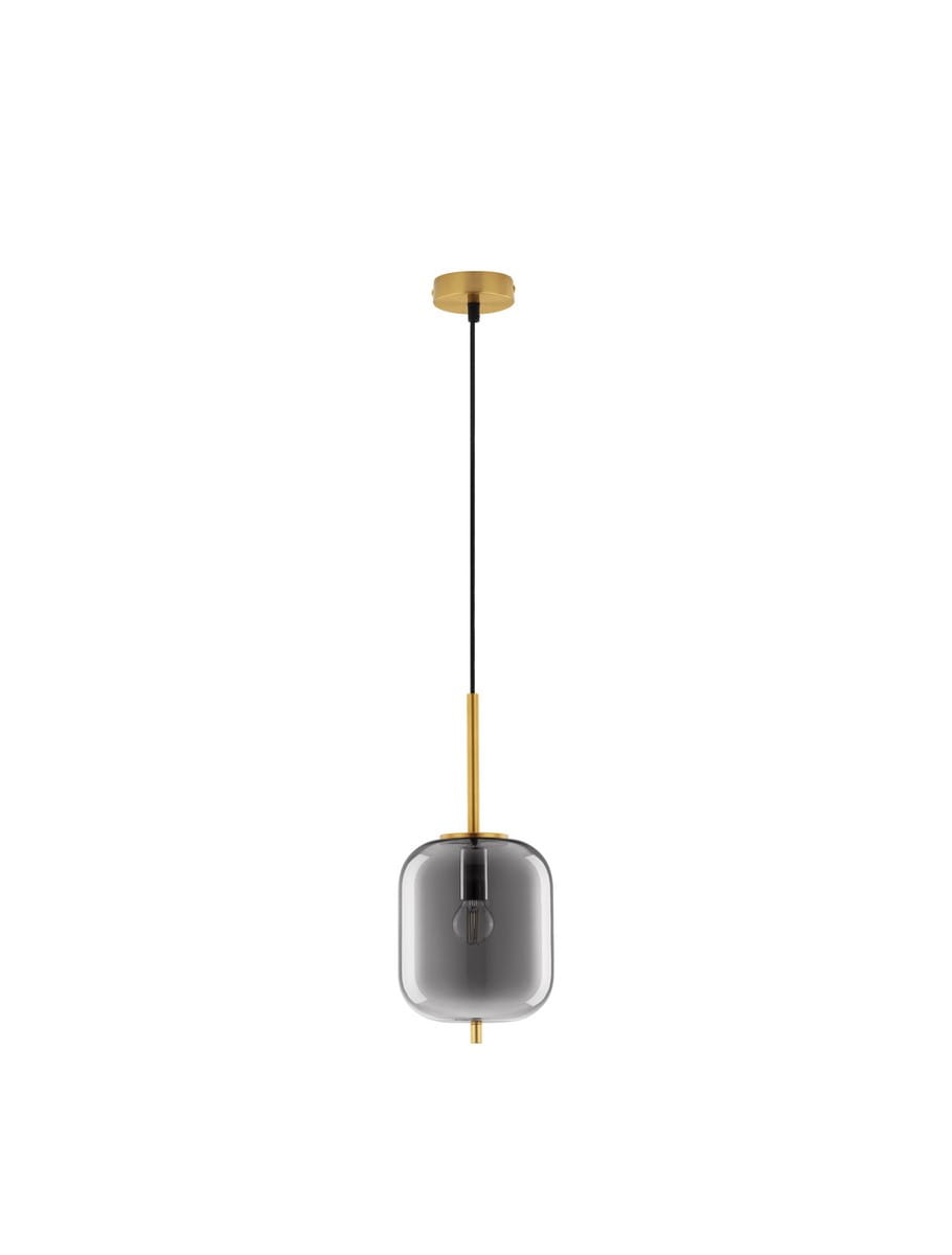 Lampa wisząca Pilar L o średnicy 16,5 cm, w kolorze złotym i czarnym. Przezroczysta, szklana kula z widocznym źródłem światła, zawieszona na cienkim, czarnym przewodzie. Utrzymana w nowoczesnym stylu, idealna do eleganckich wnętrz.