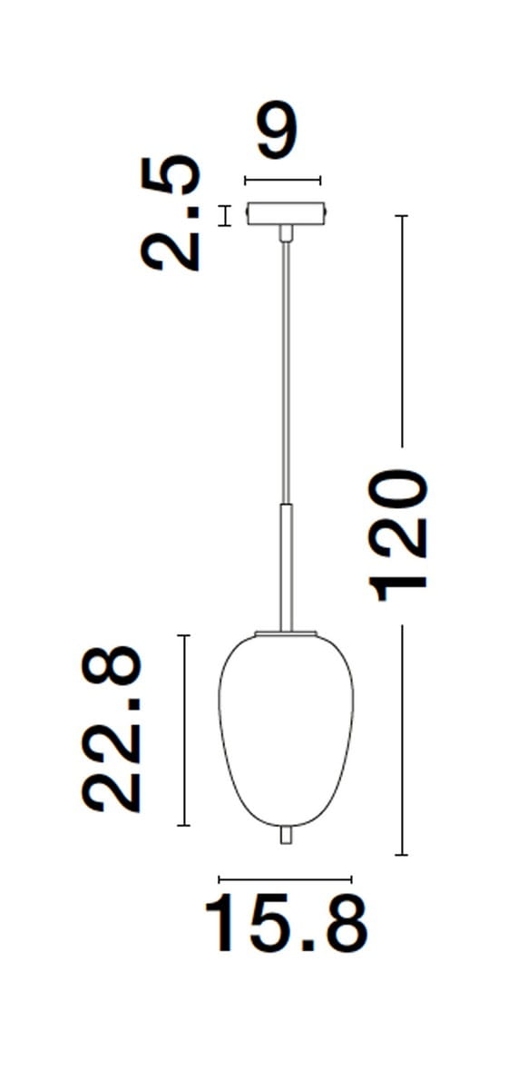Lampa wisząca Pilar L o wysokości 120 cm i średnicy 15,8 cm. Posiada złotą podsufitkę oraz czarną, owalną klosz. Wykonana z metalu, przystosowana do żarówki E14. Ujęcie z boku, pokazujące wymiary i kształt lampy.