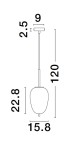 Lampa wisząca Pilar L o wysokości 120 cm i średnicy 15,8 cm. Posiada złotą podsufitkę oraz czarną, owalną klosz. Wykonana z metalu, przystosowana do żarówki E14. Ujęcie z boku, pokazujące wymiary i kształt lampy.