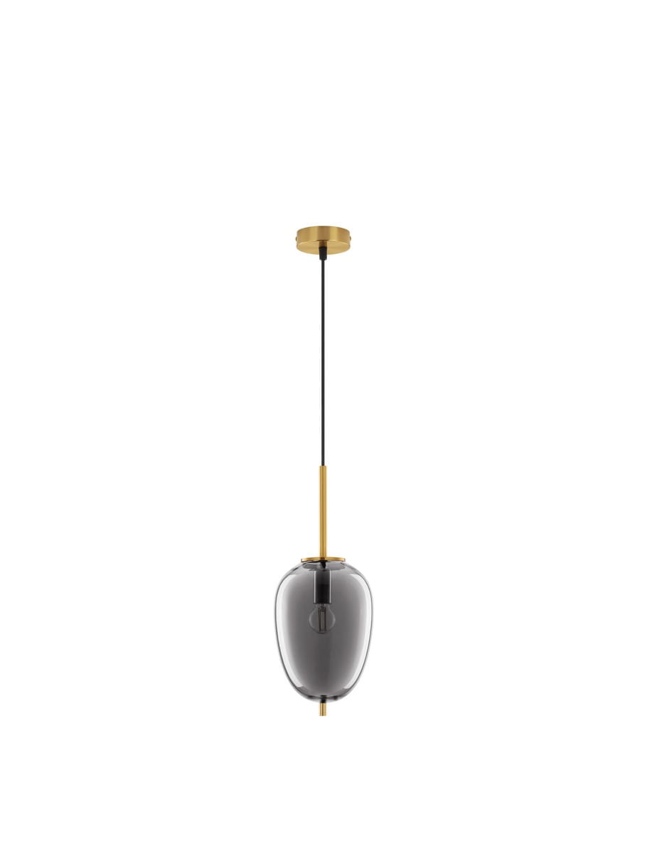 Lampa wisząca Pilar L o średnicy 15,8 cm, z metalowym, złotym mocowaniem i czarnym przewodem. Klosz w kształcie owalu, wykonany z przezroczystego, dymionego szkła. Jedno miejsce na żarówkę E14, zawieszona w pozycji pionowej.