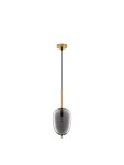 Lampa wisząca Pilar L o średnicy 15,8 cm, z metalowym, złotym mocowaniem i czarnym przewodem. Klosz w kształcie owalu, wykonany z przezroczystego, dymionego szkła. Jedno miejsce na żarówkę E14, zawieszona w pozycji pionowej.