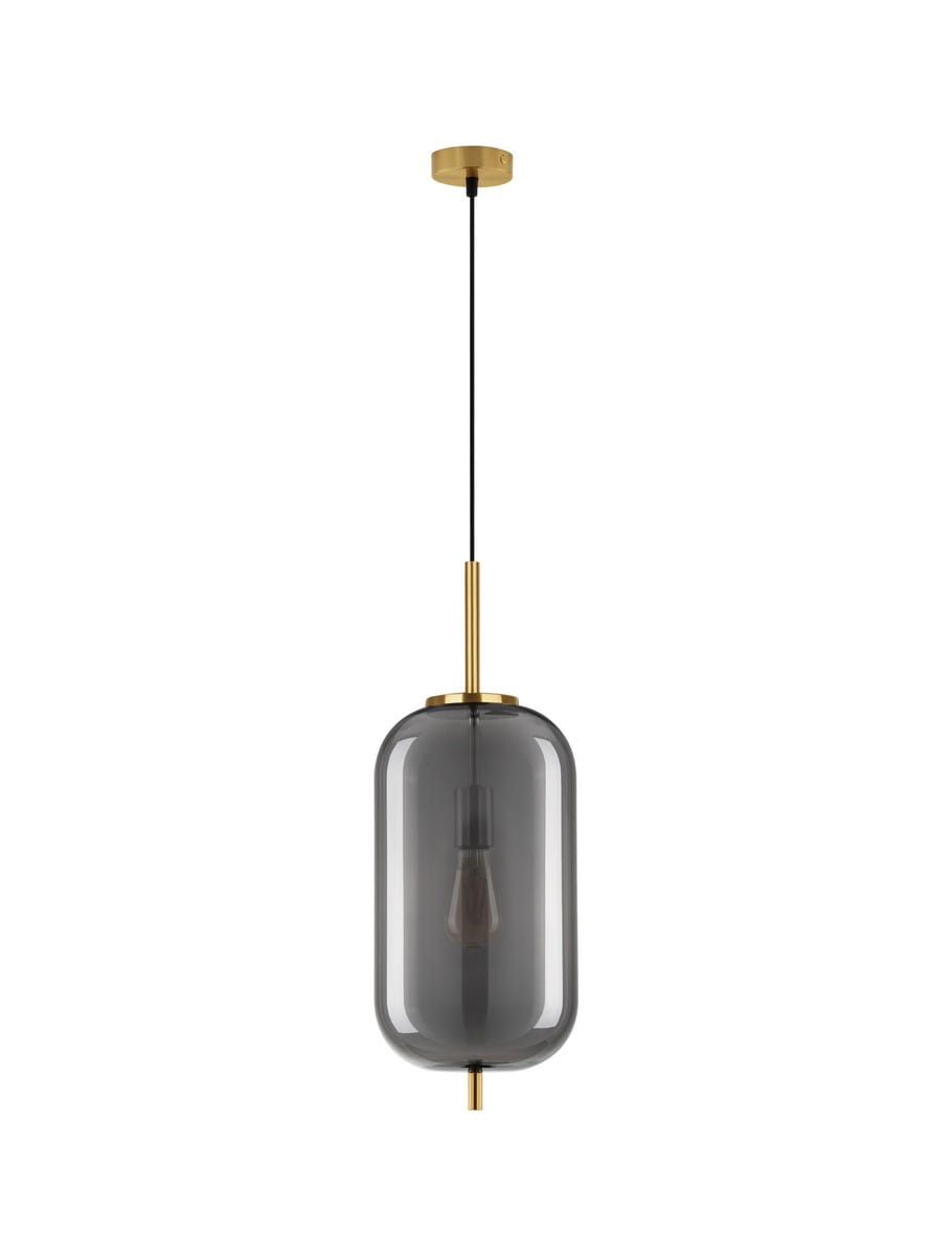 Lampa wisząca Pilar XL D22 z kloszem w kolorze przydymionego szkła, zawieszona na czarnym kablu. Złote detale u góry i na dole klosza, z miejscem na żarówkę E27. Wysoka, cylindryczna forma nadająca elegancki charakter.