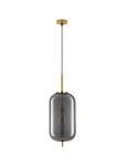 Lampa wisząca Pilar XL D22 z kloszem w kolorze przydymionego szkła, zawieszona na czarnym kablu. Złote detale u góry i na dole klosza, z miejscem na żarówkę E27. Wysoka, cylindryczna forma nadająca elegancki charakter.