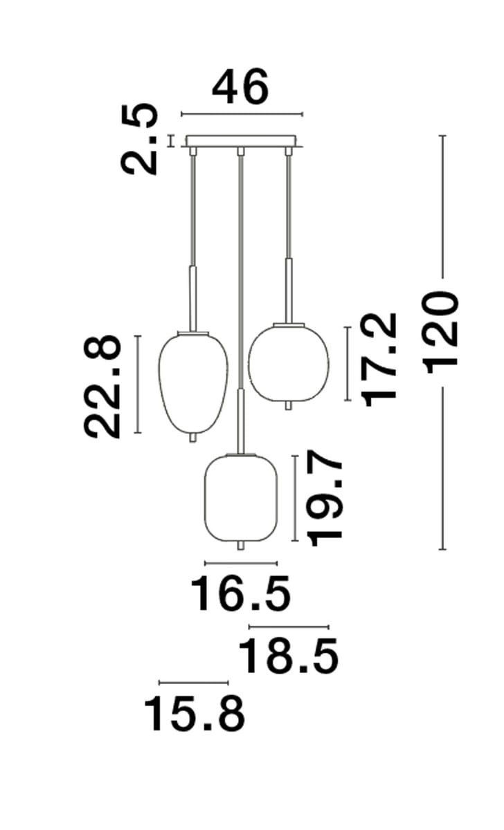 Lampa wisząca Pilar z trzema źródłami światła E14, w kolorze złotym i czarnym, o cylindrycznych kloszach. Wymiary: wysokość 120 cm, szerokość 46 cm. Ułożona w pionie, zawieszona na cienkich linkach. Idealna do nowoczesnych wnętrz.