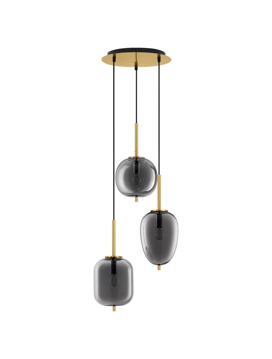 Lampa wisząca Pilar 3xE14 w kolorze złotym i czarnym. Posiada trzy szklane klosze w kształcie kul, zawieszone na długich czarnych przewodach. Montaż sufitowy z okrągłą, złotą podsufitką.