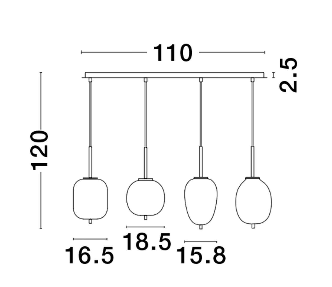 Lampa wisząca Pilar 4xE14 w kolorze złotym i czarnym, z prostokątnym stelażem o długości 110 cm i wysokości 120 cm. Posiada cztery okrągłe klosze o różnych wymiarach, zawieszone na cienkich linkach.