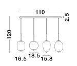 Lampa wisząca Pilar 4xE14 w kolorze złotym i czarnym, z prostokątnym stelażem o długości 110 cm i wysokości 120 cm. Posiada cztery okrągłe klosze o różnych wymiarach, zawieszone na cienkich linkach.