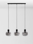 Czarna lampa wisząca Padre z trzema źródłami światła E27. Klosze w kształcie owalnym z przezroczystego szkła w odcieniu szaro-przezroczystym, zawieszone na czarnych linkach. Montaż na prostokątnej podstawie sufitowej.