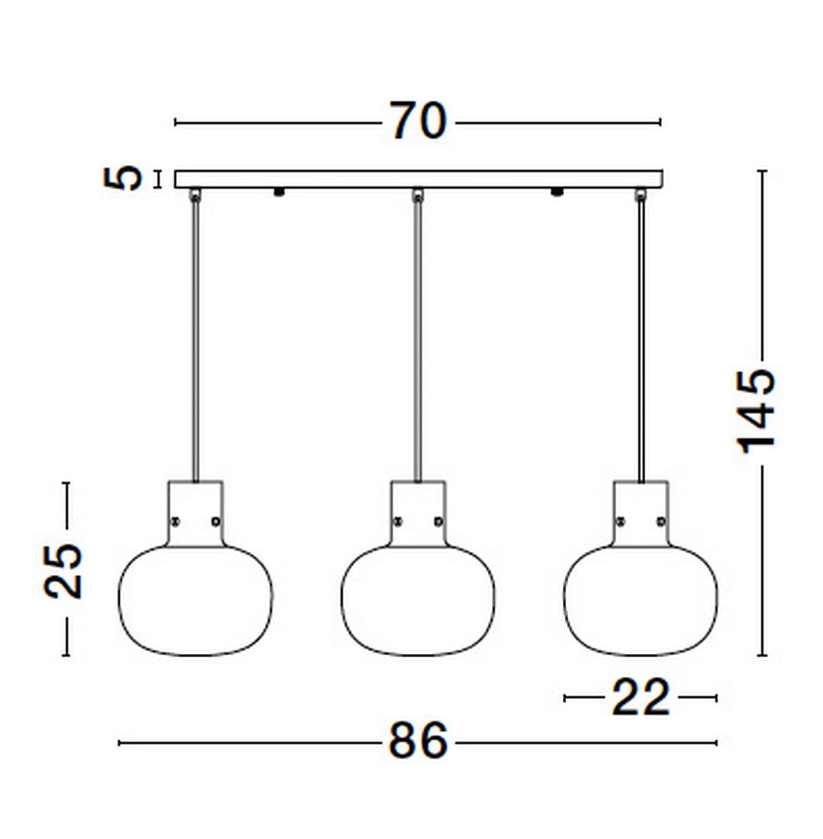 Lampa wisząca Padre z trzema oprawami E27 w kolorze czarnym. Kształt kulisty, zawieszona na cienkich linkach. Wymiary: szerokość 70 cm, wysokość 145 cm, głębokość 22 cm. Idealna do nowoczesnych wnętrz.