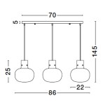 Lampa wisząca Padre z trzema oprawami E27 w kolorze czarnym. Kształt kulisty, zawieszona na cienkich linkach. Wymiary: szerokość 70 cm, wysokość 145 cm, głębokość 22 cm. Idealna do nowoczesnych wnętrz.