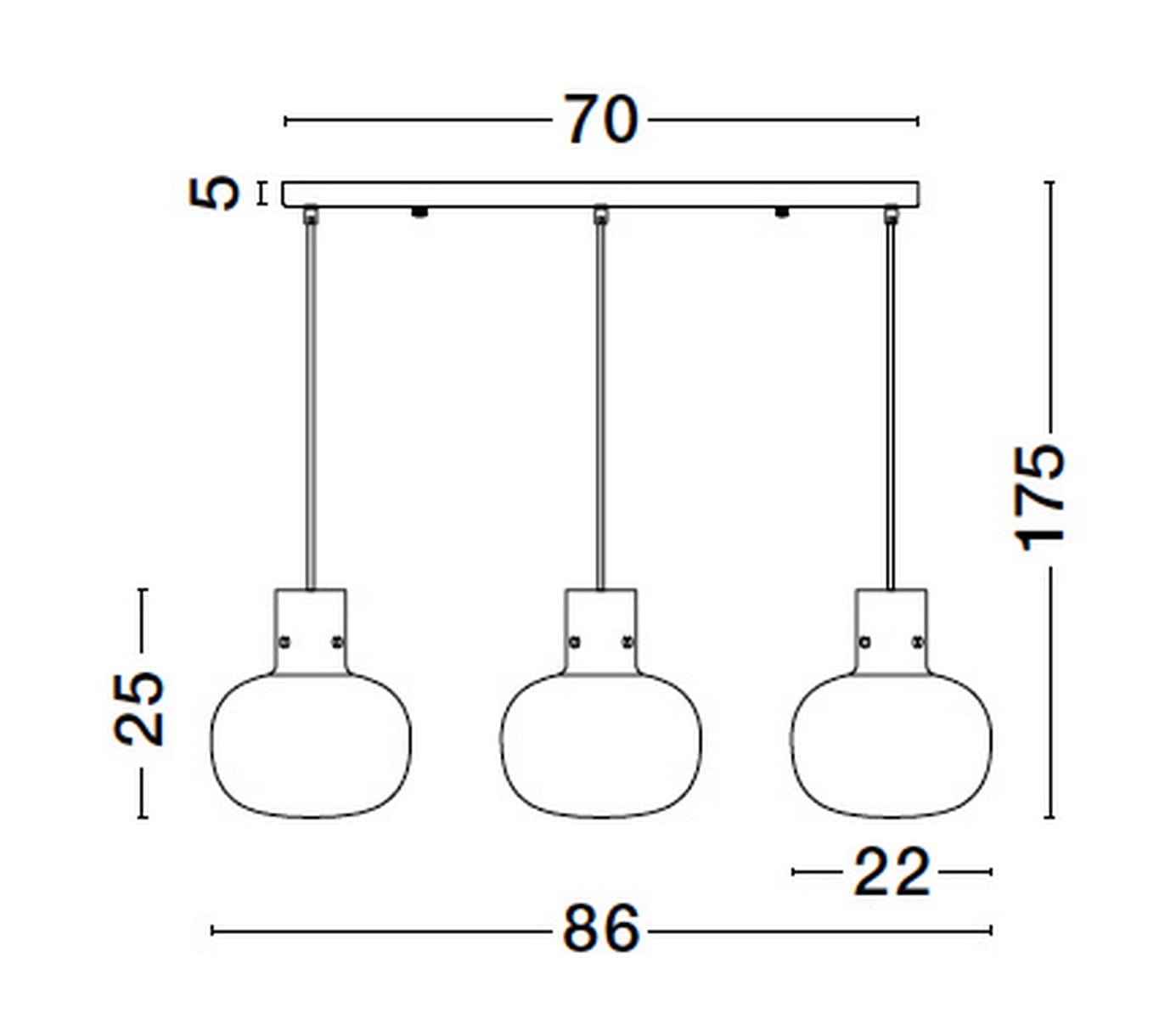 Lampa wisząca Padre 3xE27 w kolorze złotym, składająca się z trzech okrągłych kloszy zawieszonych na cienkich linkach. Wymiary: długość 86 cm, wysokość 175 cm, średnica kloszy 22 cm, szerokość podstawy 70 cm, wysokość 5 cm.