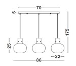 Lampa wisząca Padre 3xE27 w kolorze złotym, składająca się z trzech okrągłych kloszy zawieszonych na cienkich linkach. Wymiary: długość 86 cm, wysokość 175 cm, średnica kloszy 22 cm, szerokość podstawy 70 cm, wysokość 5 cm.
