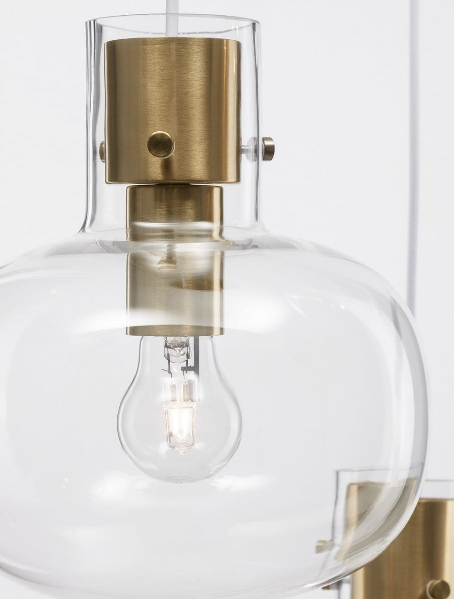 Lampa wisząca Padre z trzema gniazdami E27, z przezroczystym kloszem i złotymi detalami. Ujęcie z bliska na dolną część lampy, ukazujące żarówkę w szklanym kloszu oraz metalowe mocowanie. Tło białe, co podkreśla elegancki design.