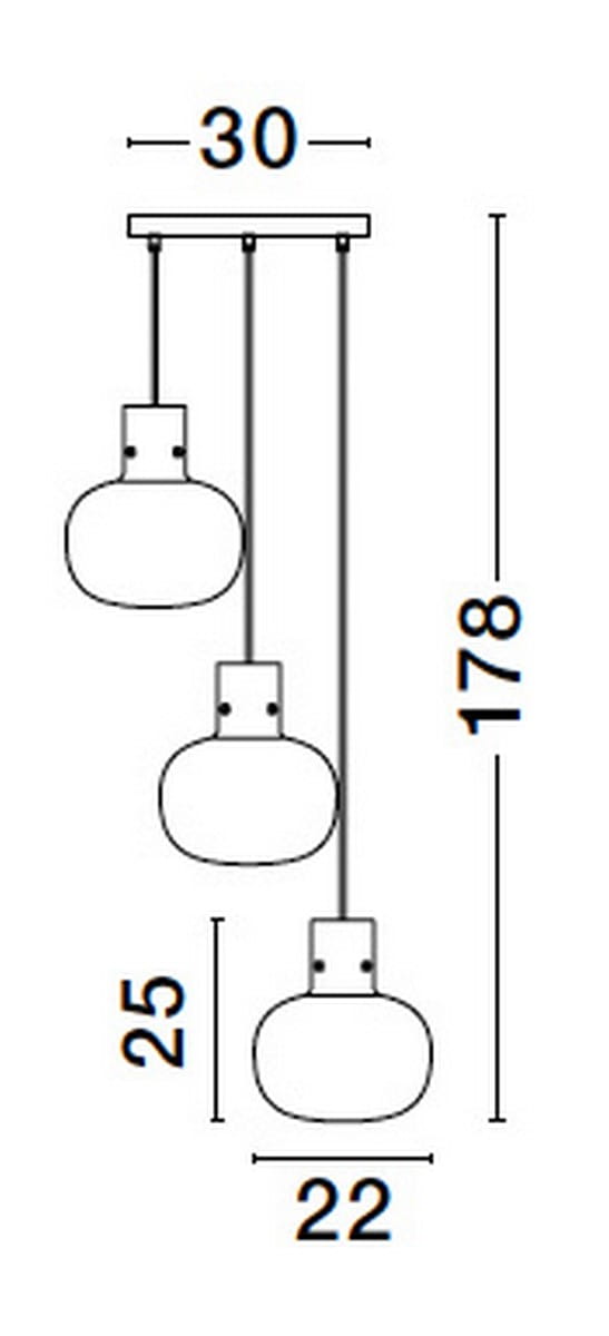 Lampa wisząca Padre z trzema źródłami E27, w kolorze złotym. Posiada okrągłe klosze o średnicy 22 cm i długości 25 cm, zwisające na cienkich przewodach. Całkowita wysokość wynosi 178 cm, a szerokość 30 cm. Idealna do nowoczesnych wnętrz.