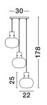Lampa wisząca Padre z trzema źródłami E27, w kolorze złotym. Posiada okrągłe klosze o średnicy 22 cm i długości 25 cm, zwisające na cienkich przewodach. Całkowita wysokość wynosi 178 cm, a szerokość 30 cm. Idealna do nowoczesnych wnętrz.