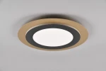 Plafon Morgan z pilotem, 1xLED/42W, w kolorze czarnym i złotym. Okrągła konstrukcja z białą oprawą LED, otoczona czarnym pierścieniem i złotą ramką. Ujęcie z dołu, produkt zamontowany na suficie, na jednolitym tle.