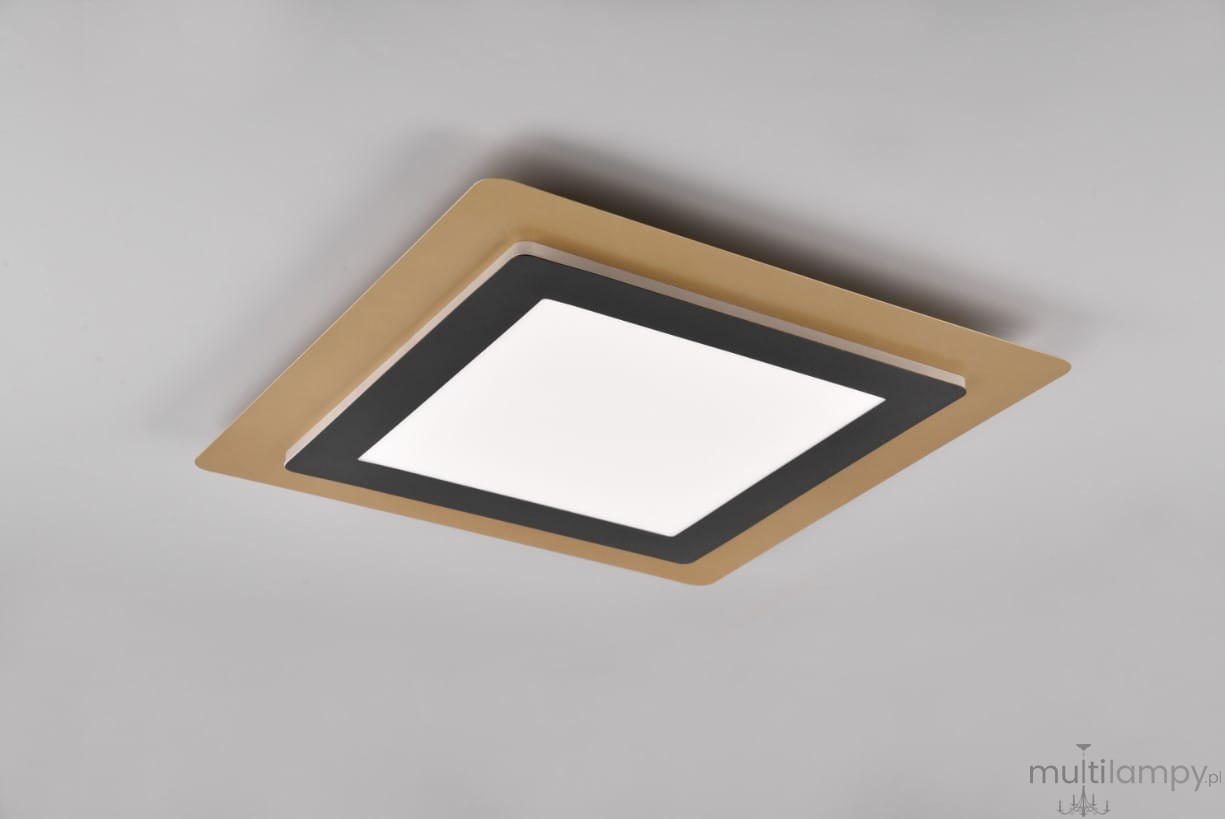 Plafon Morgan z pilotem, w kolorze czarnym i złotym, z prostokątną, matową kloszem. Ujęcie z góry, na ciemnym tle, ukazujące minimalistyczny design. Wymiary nieokreślone. Idealny do nowoczesnych wnętrz.