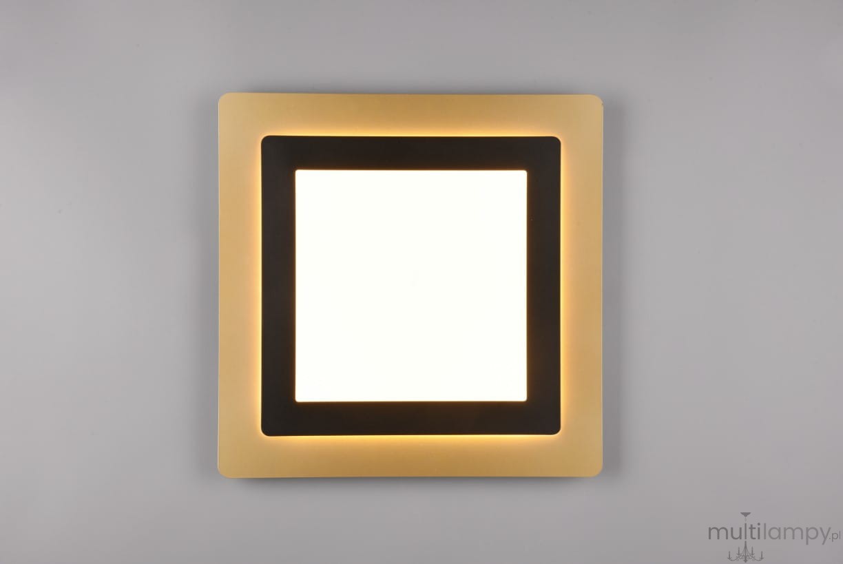 Plafon Morgan z pilotem, 1xLED/46W, w kolorze czarnym i złotym. Kwadratowy kształt z białym źródłem światła otoczonym złotą ramką oraz czarną obręczą. Produkt zamontowany na gładkim, jasnym tle.
