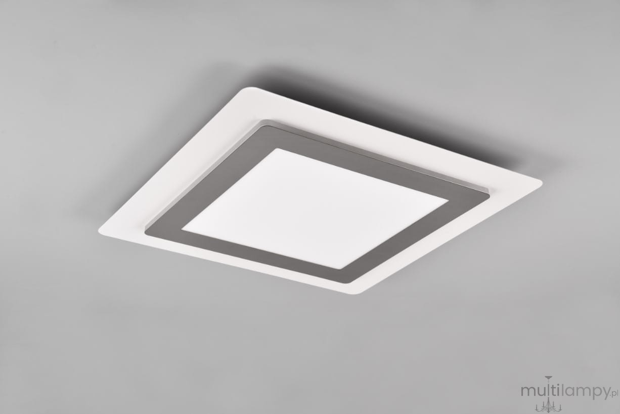 Plafon Morgan z pilotem, 1xLED/46W, w kolorze niklowym. Kwadratowy kształt z białą oprawą i szarym akcentem. Zawieszony na szarym tle, w ujęciu z dołu, prezentując elegancką formę i nowoczesny design.