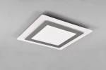 Plafon Morgan z pilotem, 1xLED/46W, w kolorze niklowym. Kwadratowy kształt z białą oprawą i szarym akcentem. Zawieszony na szarym tle, w ujęciu z dołu, prezentując elegancką formę i nowoczesny design.