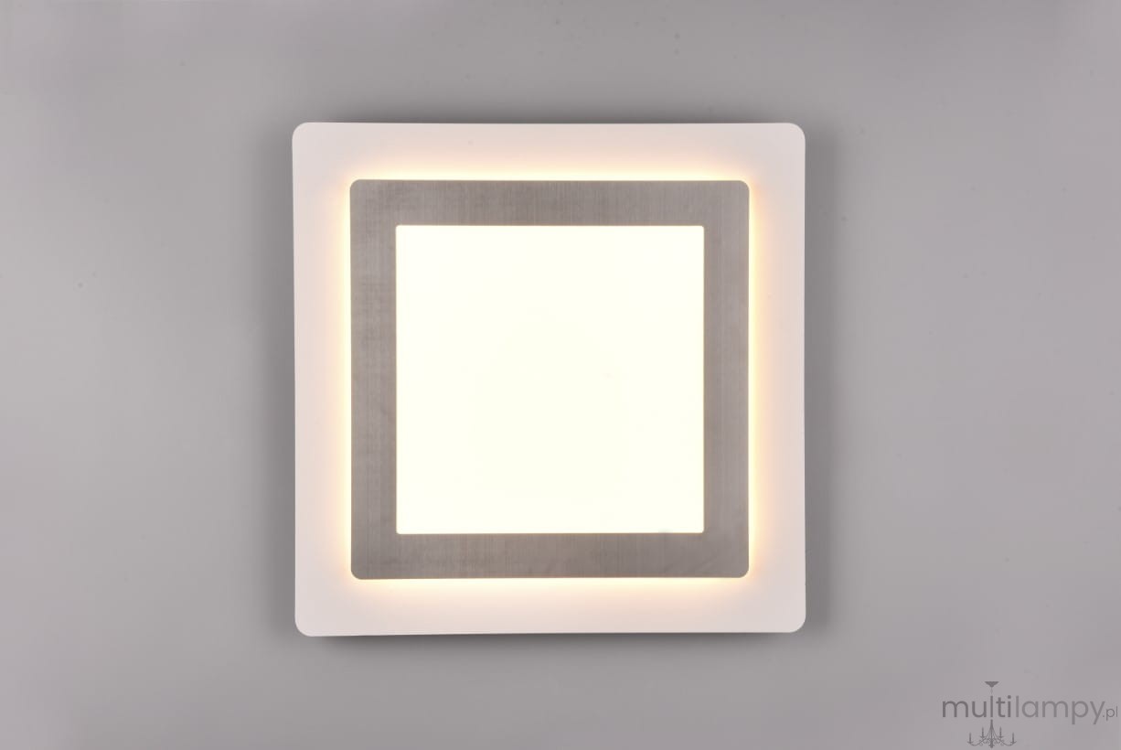 Plafon Morgan z pilotem, 1xLED/46W, w kolorze niklu. Kwadratowy kształt z metalową ramką i białym, matowym kloszem. Montowany na suficie, widoczny delikatny podświetlany brzeg. Idealny do nowoczesnych wnętrz.