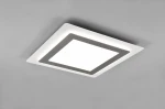 Plafon Morgan z pilotem, 1xLED/46W w kolorze niklowym. Kwadratowy kształt z białym szkłem i szarym wykończeniem. Montowany na suficie, z widocznym podświetleniem. Proste tło podkreśla nowoczesny design.