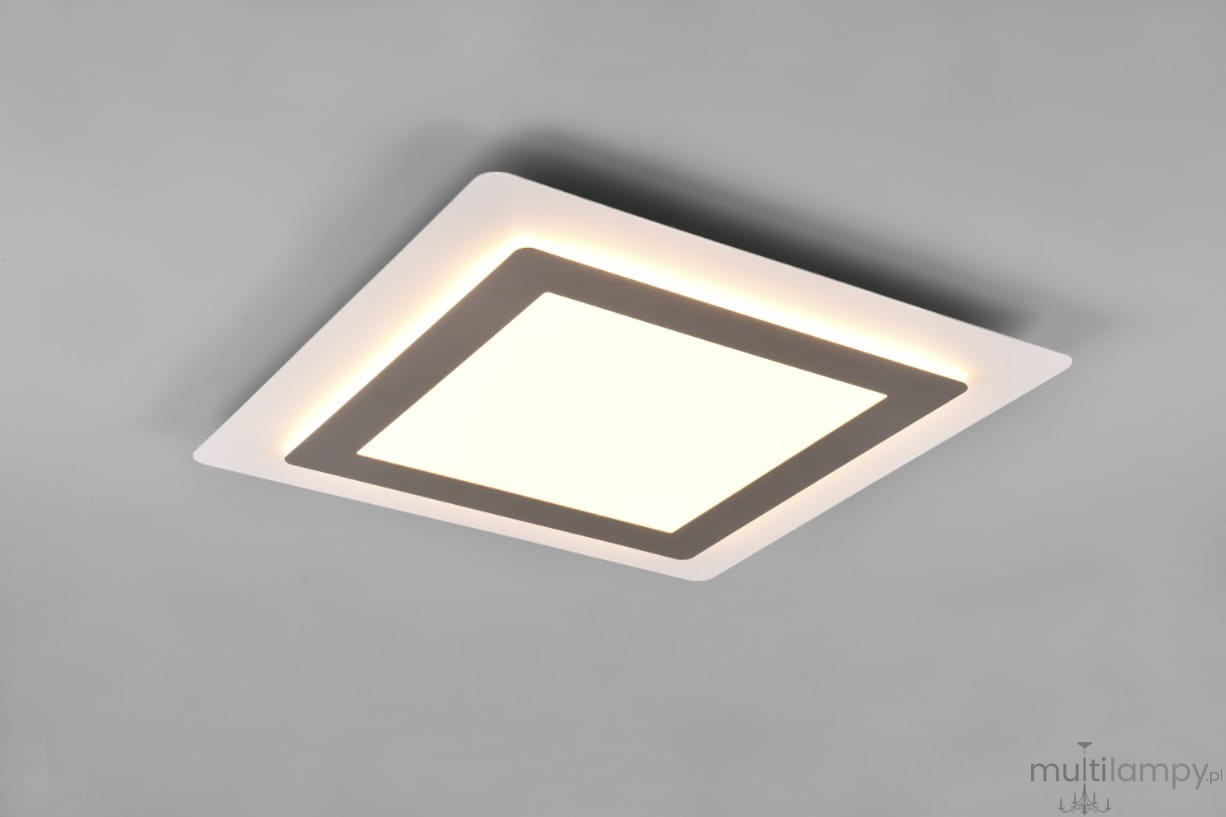 Plafon Morgan z pilotem, 1xLED/46W, w kolorze niklu. Kwadratowy kształt z białą oprawą i szarym ramieniem. Zamontowany na suficie, emituje ciepłe światło. Prosta konstrukcja, idealny do nowoczesnych wnętrz.