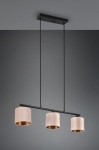 Lampa wisząca Julieta z trzema kloszami, czarna, z metalową konstrukcją. Klosze cylindryczne, w kolorze jasnego beżu z metalicznym wnętrzem. Zawieszona na dwóch cienkich linkach, z prostokątnym mocowaniem sufitowym.