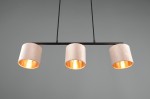 Lampa wisząca Julieta w kolorze czarnym z trzema cylindrycznymi kloszami w odcieniu jasnego beżu, z wewnętrzną złotą powłoką. Ujęcie frontalne, produkt zawieszony na czarnym stelażu, z widocznymi detalami konstrukcji i kloszy.