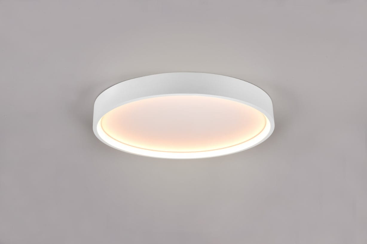 Plafon Doha 1xLED/29W w kolorze białym, o okrągłym kształcie. Produkt montowany na suficie, z delikatnym podświetleniem wewnętrznym. Gładka, matowa powierzchnia obudowy, minimalistyczny design. Tło w jasnym kolorze.