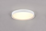 Plafon Doha 1xLED/29W w kolorze białym, okrągły, montowany sufitowo. Gładka, matowa obudowa z delikatnym podświetleniem. Widoczna jasna, okrągła powierzchnia emitująca światło, umieszczona na jednolitym, szarym tle.