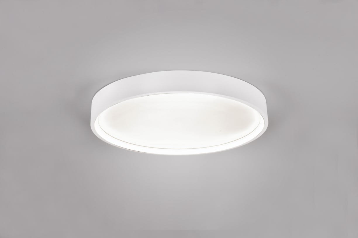 Plafon Doha 1xLED/29W w kolorze białym, o okrągłym kształcie. Zainstalowany na suficie, posiada gładką, matową obudowę. Źródło światła LED znajduje się w centralnej części, zapewniając równomierne oświetlenie. Tło w odcieniu szarym.