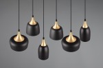 Lampa wisząca Chiraz z sześcioma kloszami w kolorze czarnym, z metalowymi złotymi detalami. Klosze o różnych kształtach zawieszone na czarnych przewodach. Tło w odcieniu szarości. Idealna do nowoczesnych wnętrz.
