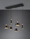 Lampa wisząca Chiraz 6xE27 w kolorze czarnym z metalowymi złotymi akcentami. Składa się z sześciu lamp w różnych kształtach, zawieszonych na cienkich linkach nad prostokątnym, czarnym stelażu. Tło w odcieniach szarości.
