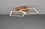 Brązowa lampa sufitowa Trail z dwoma kwadratowymi ramkami LED 20W. Ujęcie z dołu ukazuje unikalny kształt i nowoczesny design. Lampa zamontowana na płaskim suficie, z białym podświetleniem, idealna do nowoczesnych wnętrz.