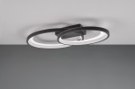 Lampa sufitowa Malaga w kolorze czarnym z dwoma okrągłymi źródłami LED o mocy 25W. Ujęcie z góry, produkt montowany na suficie, z wyraźnymi białymi pierścieniami świetlnymi oraz prostokątną podstawą. Tło w odcieniach szarości.