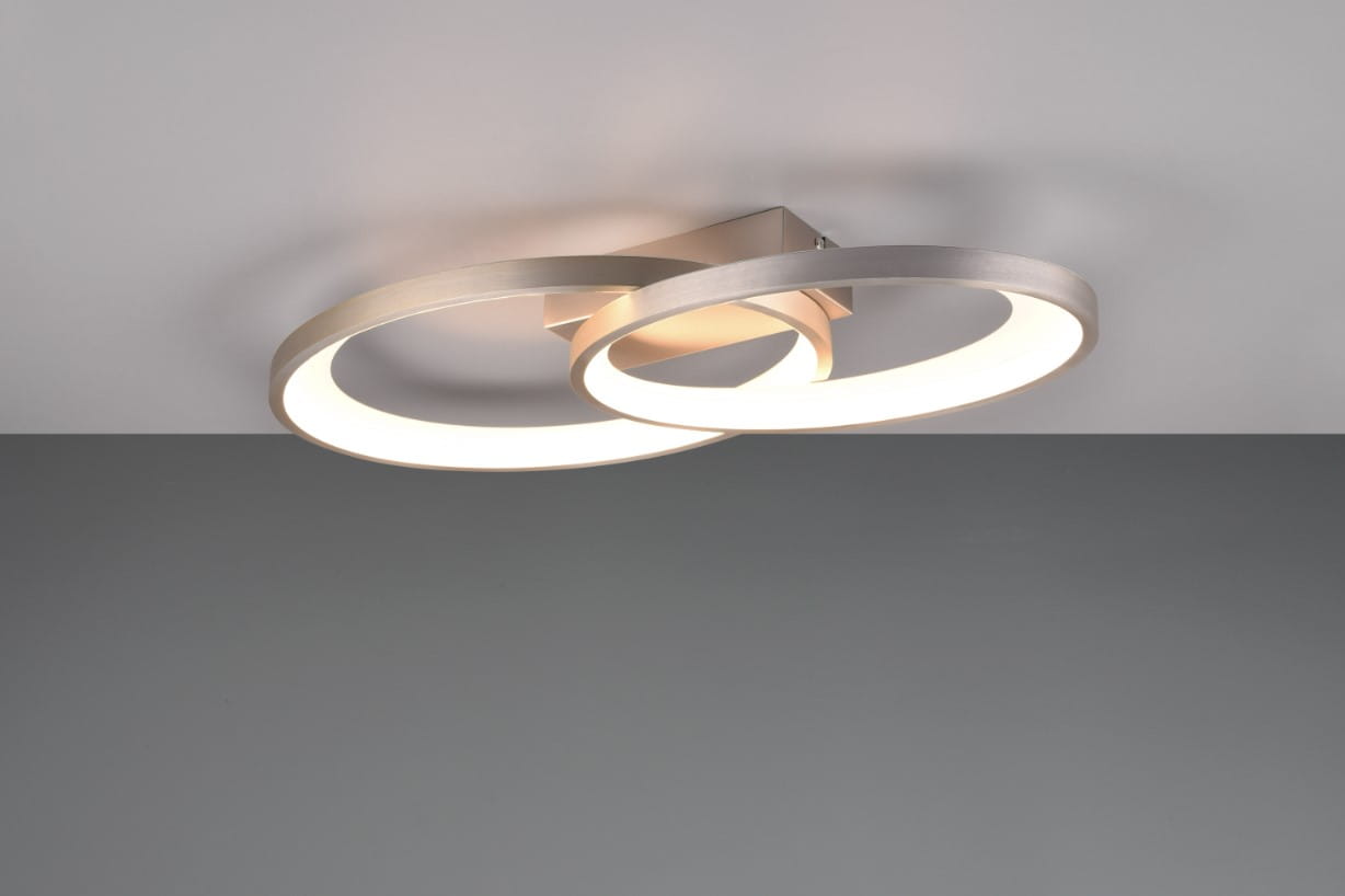 Lampa sufitowa Malaga 2xLED/25W w kolorze niklowym, z dwoma połączonymi okrągłymi ramami emitującymi światło. Montowana na suficie, prezentuje nowoczesny design, idealna do współczesnych wnętrz.
