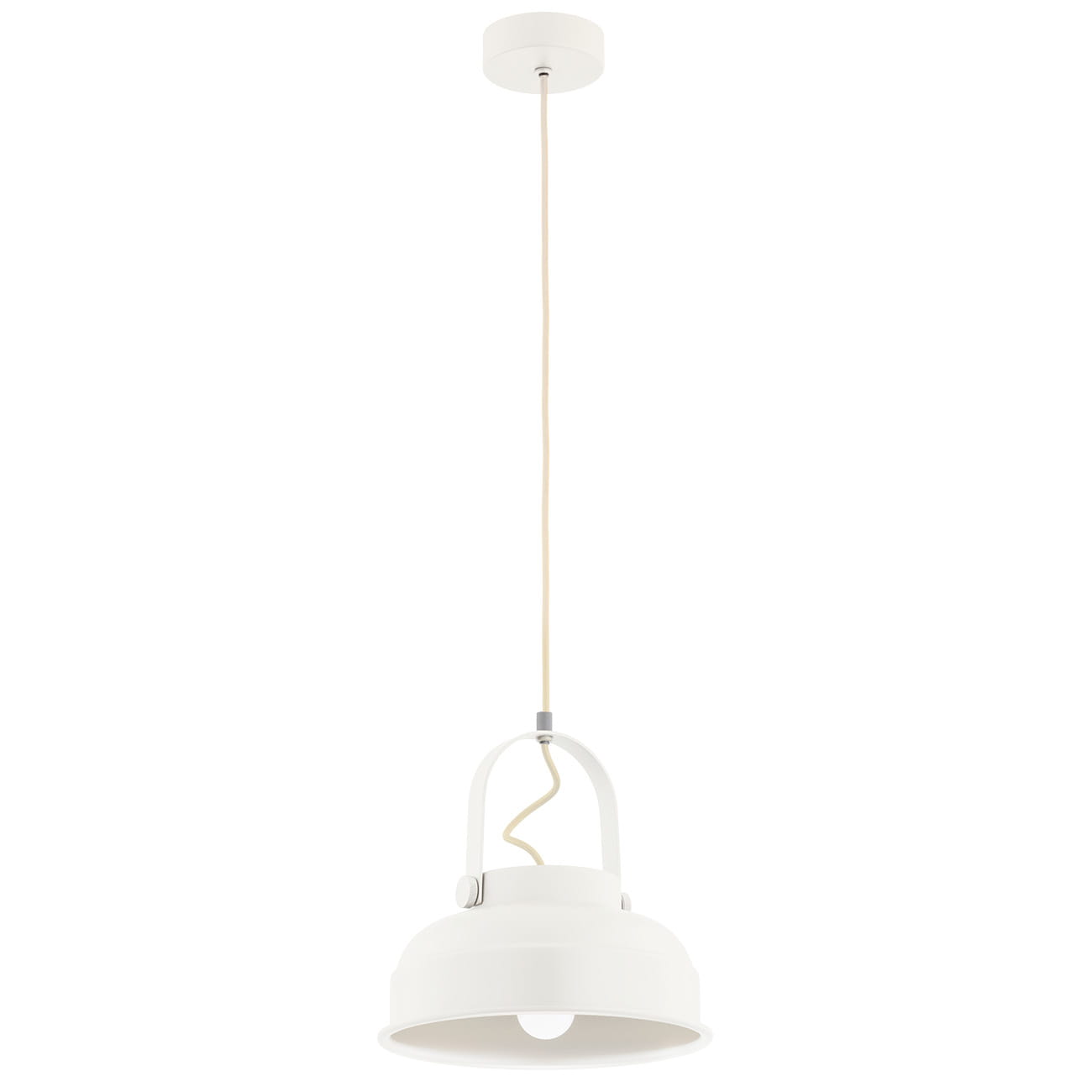 Lampa wisząca Dakota w białym kolorze, z jedną oprawą E27. Posiada okrągły, metalowy klosz z uchwytem oraz długi, cienki kabel, zawieszona na prostokątnej podsufitce. Idealna do nowoczesnych aranżacji wnętrz.