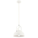 Lampa wisząca Dakota w białym kolorze, z jedną oprawą E27. Posiada okrągły, metalowy klosz z uchwytem oraz długi, cienki kabel, zawieszona na prostokątnej podsufitce. Idealna do nowoczesnych aranżacji wnętrz.