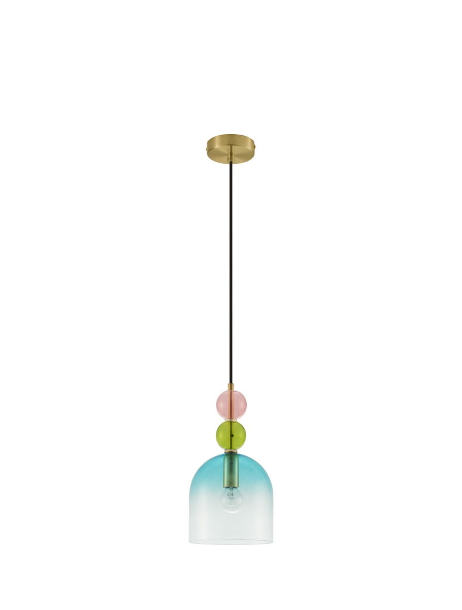 Lampa wisząca Balam 1xE14 w kolorze złotym, z przezroczystym kloszem w odcieniach niebieskiego, z kolorowymi kulami (zielona, różowa) zawieszonymi na czarnym przewodzie. Klosz ma kształt stożka, a lampa jest montowana sufitowo.