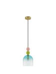 Lampa wisząca Balam 1xE14 w kolorze złotym, z przezroczystym kloszem w odcieniach niebieskiego, z kolorowymi kulami (zielona, różowa) zawieszonymi na czarnym przewodzie. Klosz ma kształt stożka, a lampa jest montowana sufitowo.
