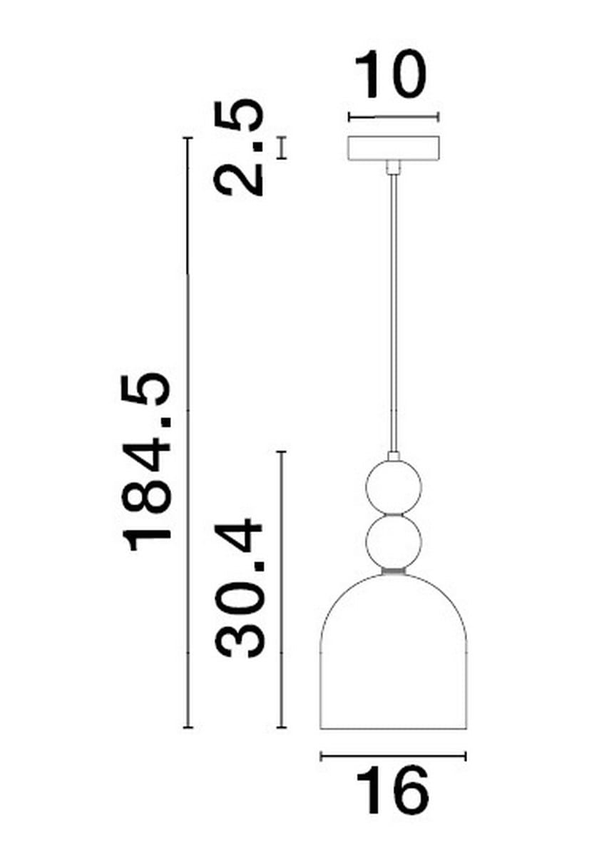 Lampa wisząca Balam w kolorze złotym, z jednym gniazdem E14. Okrągła, lekko zwężająca się ku dołowi, zawieszona na cienkim, prostym przewodzie. Wymiary: wysokość 184,5 cm, średnica klosza 16 cm, długość zawieszenia 30,4 cm.