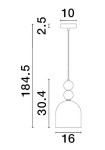 Lampa wisząca Balam w kolorze złotym, z jednym gniazdem E14. Okrągła, lekko zwężająca się ku dołowi, zawieszona na cienkim, prostym przewodzie. Wymiary: wysokość 184,5 cm, średnica klosza 16 cm, długość zawieszenia 30,4 cm.