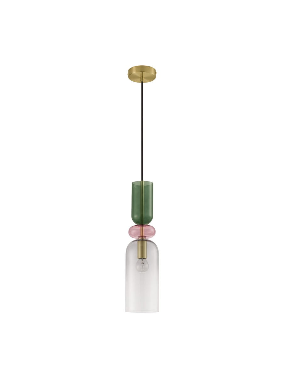 Lampa wisząca Balam 1xE14 w kolorze złotym. Składa się z przezroczystego klosza, zielonego i różowego elementu szklanego. Zawieszona na czarnym przewodzie, montowana do sufitu. Prosta konstrukcja w nowoczesnym stylu.